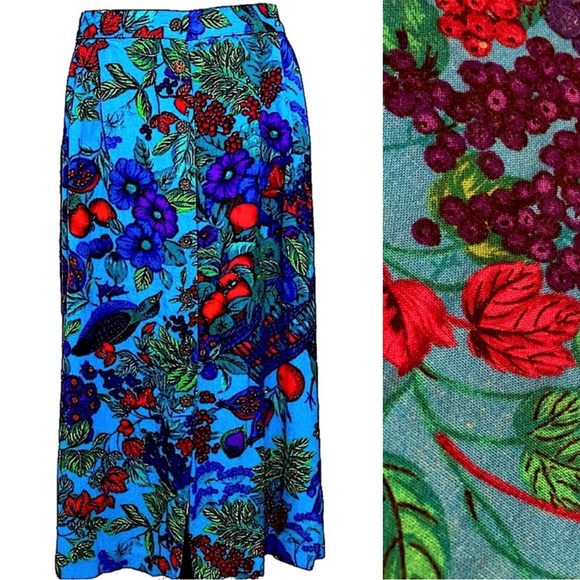 Vintage Dresses & Skirts - VINTAGE LUCIA 80s FLORAL FRUITY BUTTON DOWN MIDI SKIRT / MADE IN USA